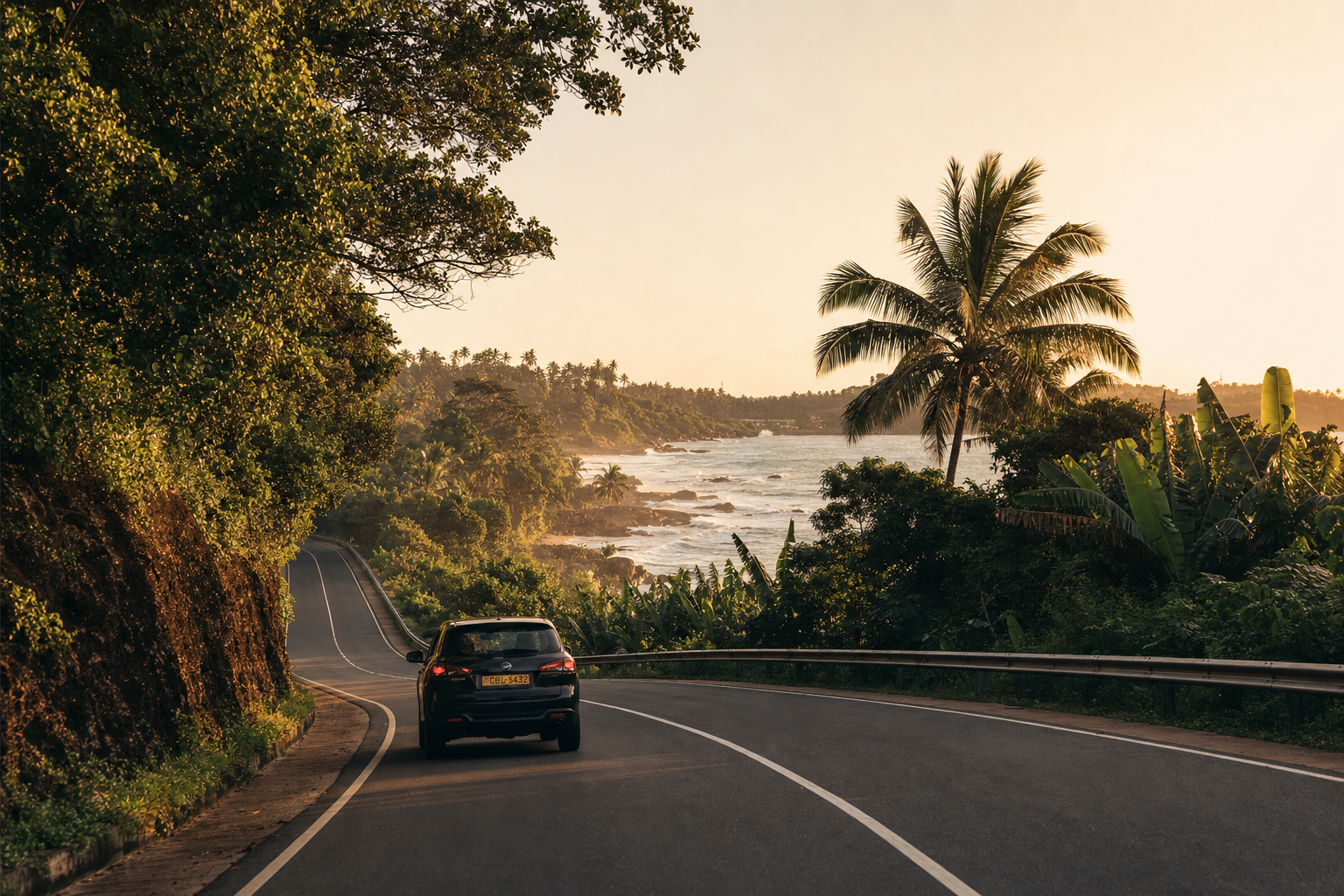 Coastal road in southern Sri Lanka at golden hour